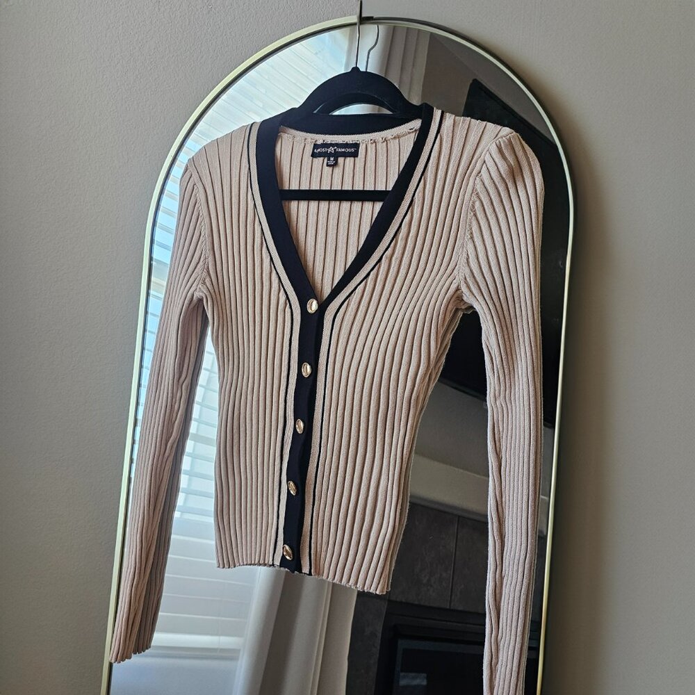 Almost Famous Beige Ribbed Button-Up Cardigan – Size M - Picture 2 of 2